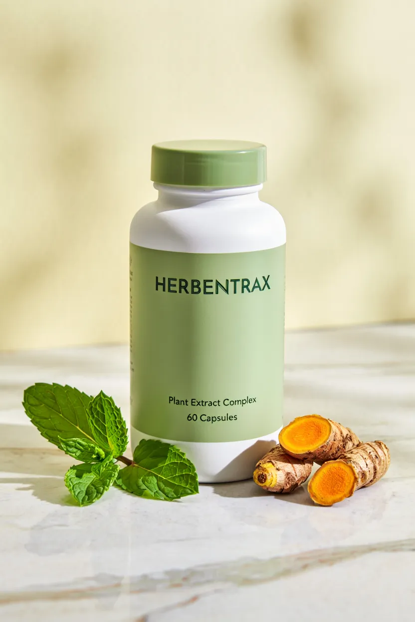 Herbentrax supplement bottle with natural plant extract capsules for cardiovascular and digestive support